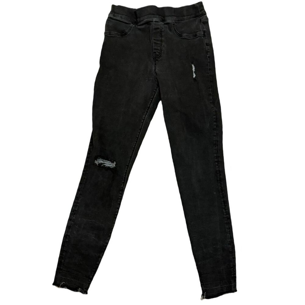Spanx Jeans Black Denim Skinny Stretch Distressed Raw Hem Pull On Size Medium M